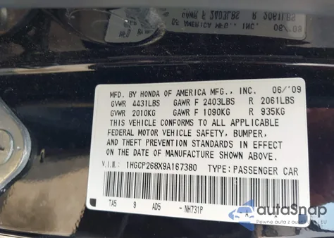 2009 Honda Accord 2.4 Ex-L z USA, uszkodzony, nr VIN 1HGCP268X9A167380